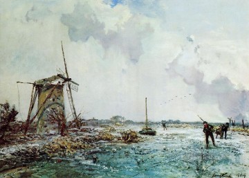 風景 Painting - オランダのスケーター2 印象派の船の海景 ヨハン・バルトルト・ヨンカインドの風景